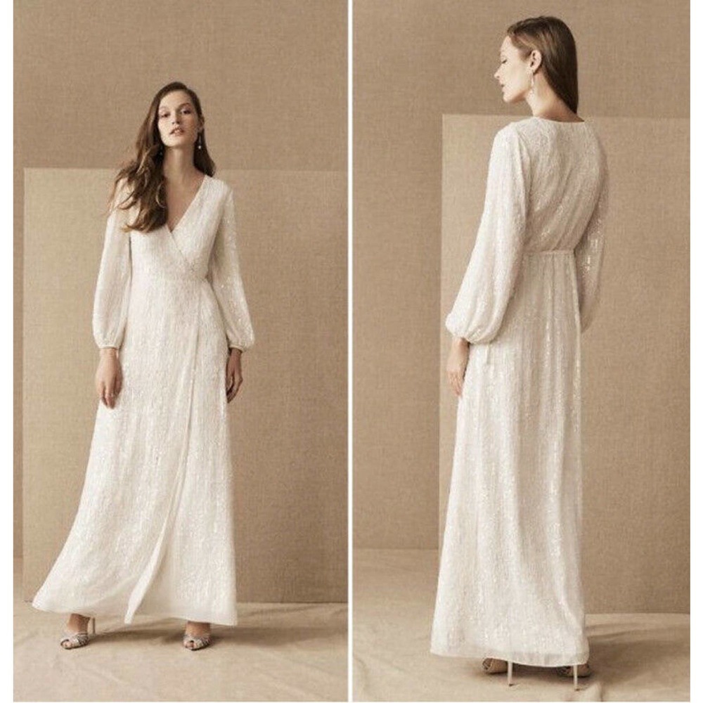 BHLDN Ivory Long Sleeve Sequin Wrap Wedding Dress